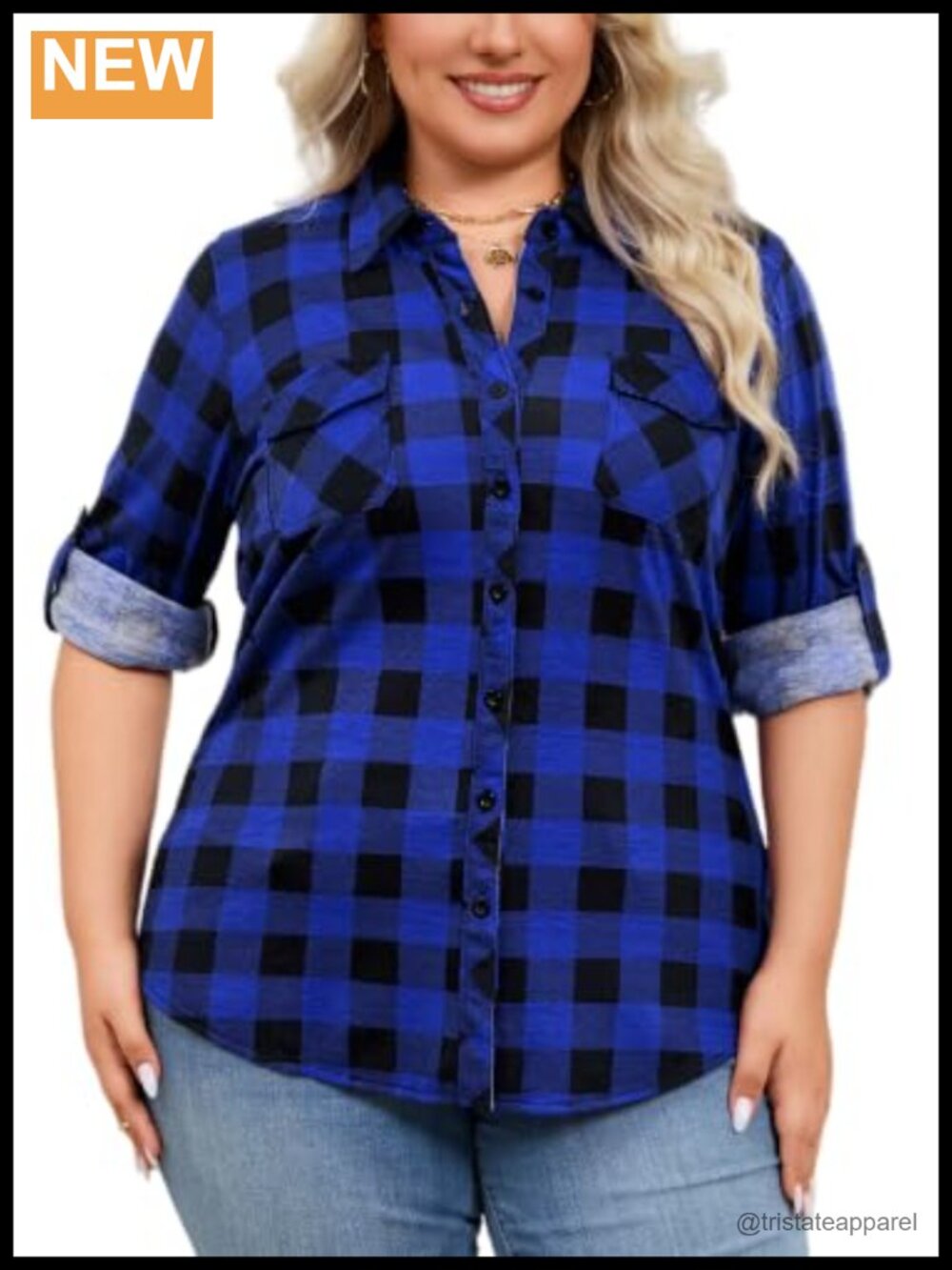 Womens Plaid Button Down Shirt Long Sleeve Stretchy Knit Casual Blouse